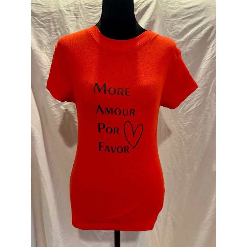 Red Ribbed Graphic Tee - "More Amour Por Favor" (Custom Design)